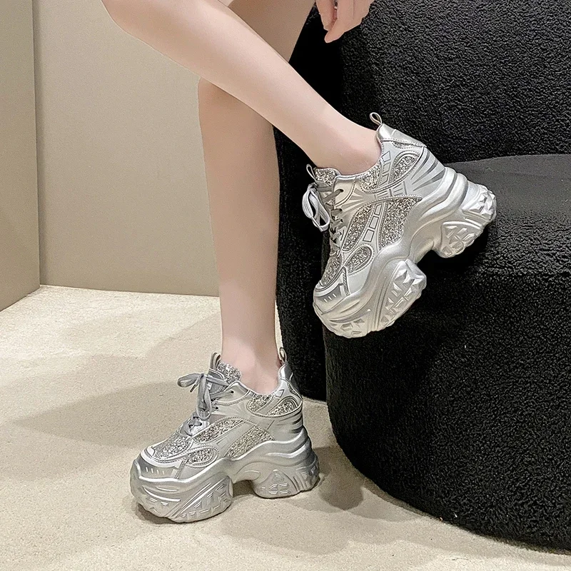 Women Winter Chunky Sneakers Thick Bottom Female Casual Leather Dad Shoe Lace Up 10.5CM High Platform Vulcanized Shoes Woman