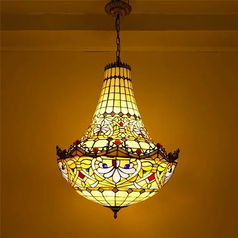 

Tiffany European Chandelier Vintage Restaurant Bedroom Coffee Shop Bar Villa Corridor Color Glass Pendant Lamp