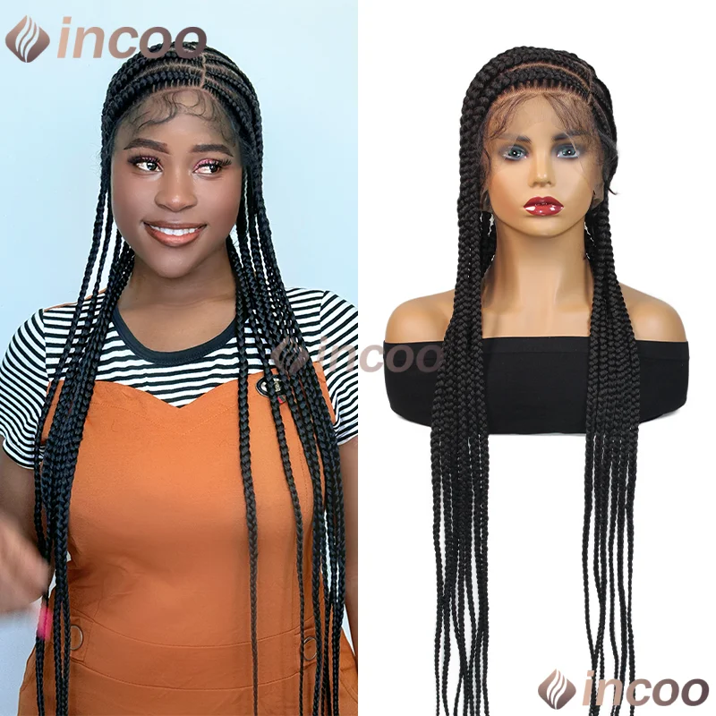 

36 "боковая часть кружева спереди плетеные парики для чернокожих женщин синтетические косички полный парик шнурка Jumbo Box плетение парик