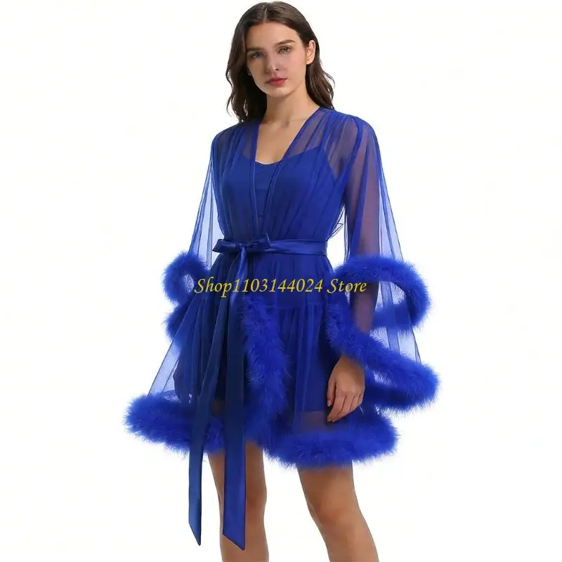 N5KE Luxurious Women's See Through Mesh Kimono Robe Faux Furs Trim Long Sleeve Chemise Dressing Gown Sheer Lingerie Sleepwear