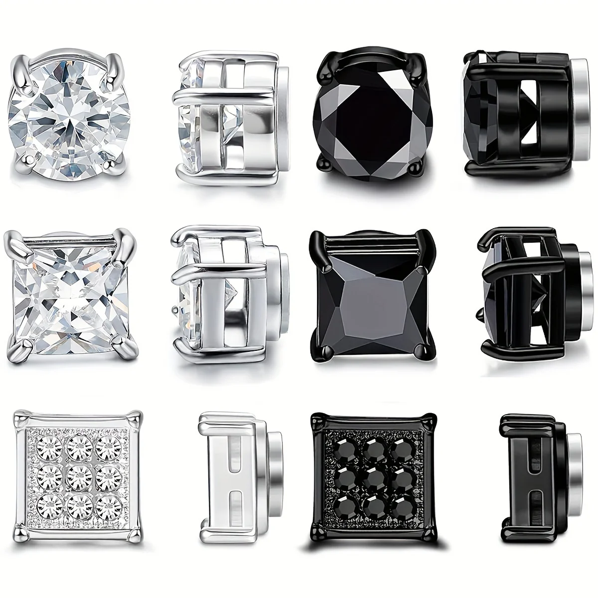 

3/6pairs Fashion Stainless Steel Magnetic Cubic Zirconia Non-Piercing Stud Earrings for Men and Women Daily Wear Jewelry 8mm