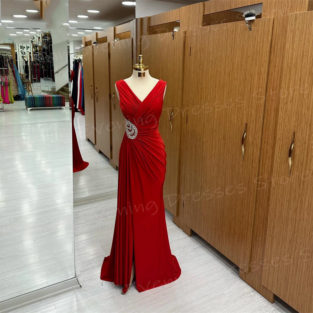 

Graceful Red Women's Mermaid Modern Evening Dresses Charming V Neck Sleeveless Prom Gowns Formal Party Beaded Vestido De Noche