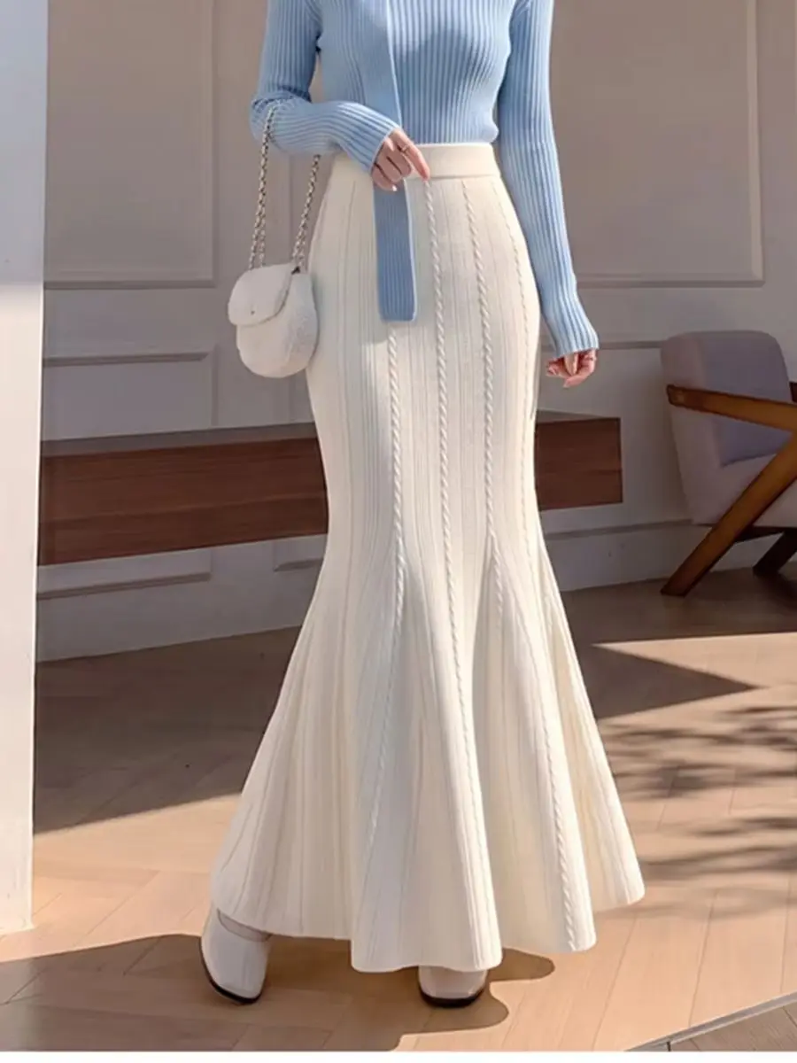 Fall Winter New Arrival Solid Knitted Slim Fishtail Maxi Skirt For Women Vintage Ribbed Pattern High Waist Thicken Bodycon Skirt