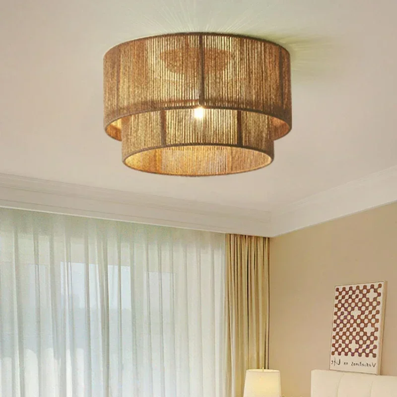 Japan Rustic Chandelier Hemp Rope Weaving Ceiling Light Living Room Bedroom Retro Ceiling Lamp for Room Decor Mood Light