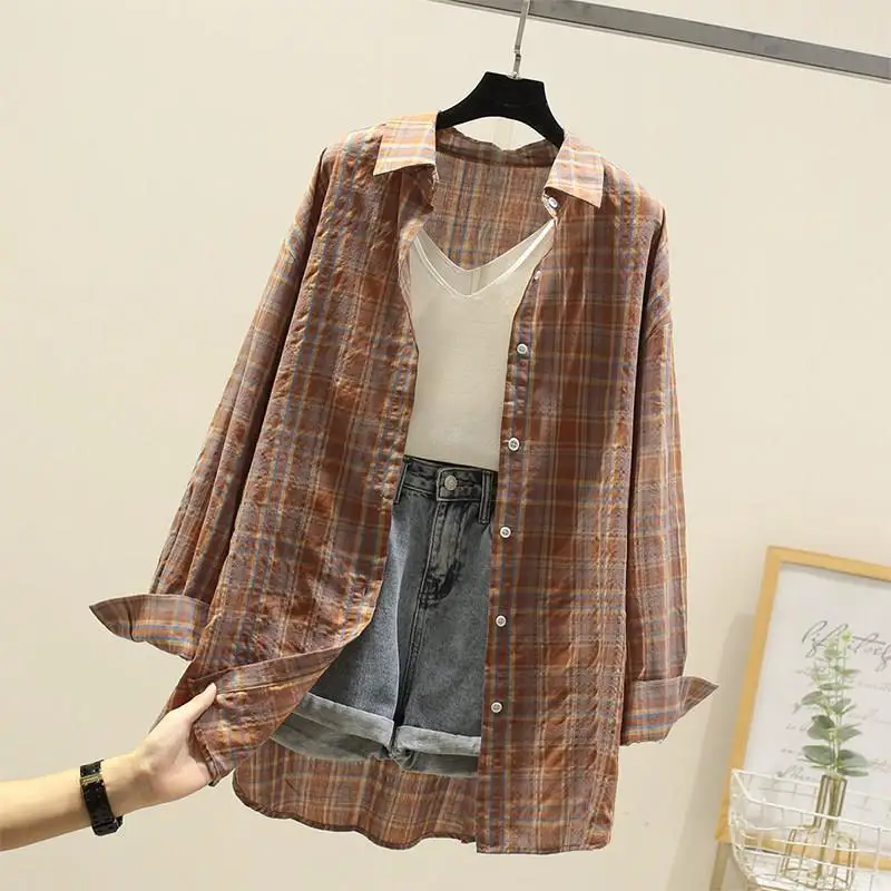 Women Summer Simplicity Loose Sunscreen Plaid Polo-Neck Long Sleeve Shirts Women Clothes Casual All-match Appear Thin Thin Tops