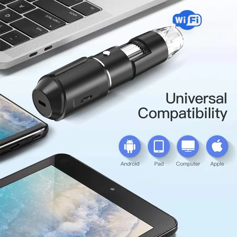WiFi USB กล้องจุลทรรศน์ดิจิตอลแบบใช้มือถือ 50-1600x ไร้สายการขยายกล้อง Endoscope พร้อมขาตั้งโลหะสําหรับ iPad Android PC