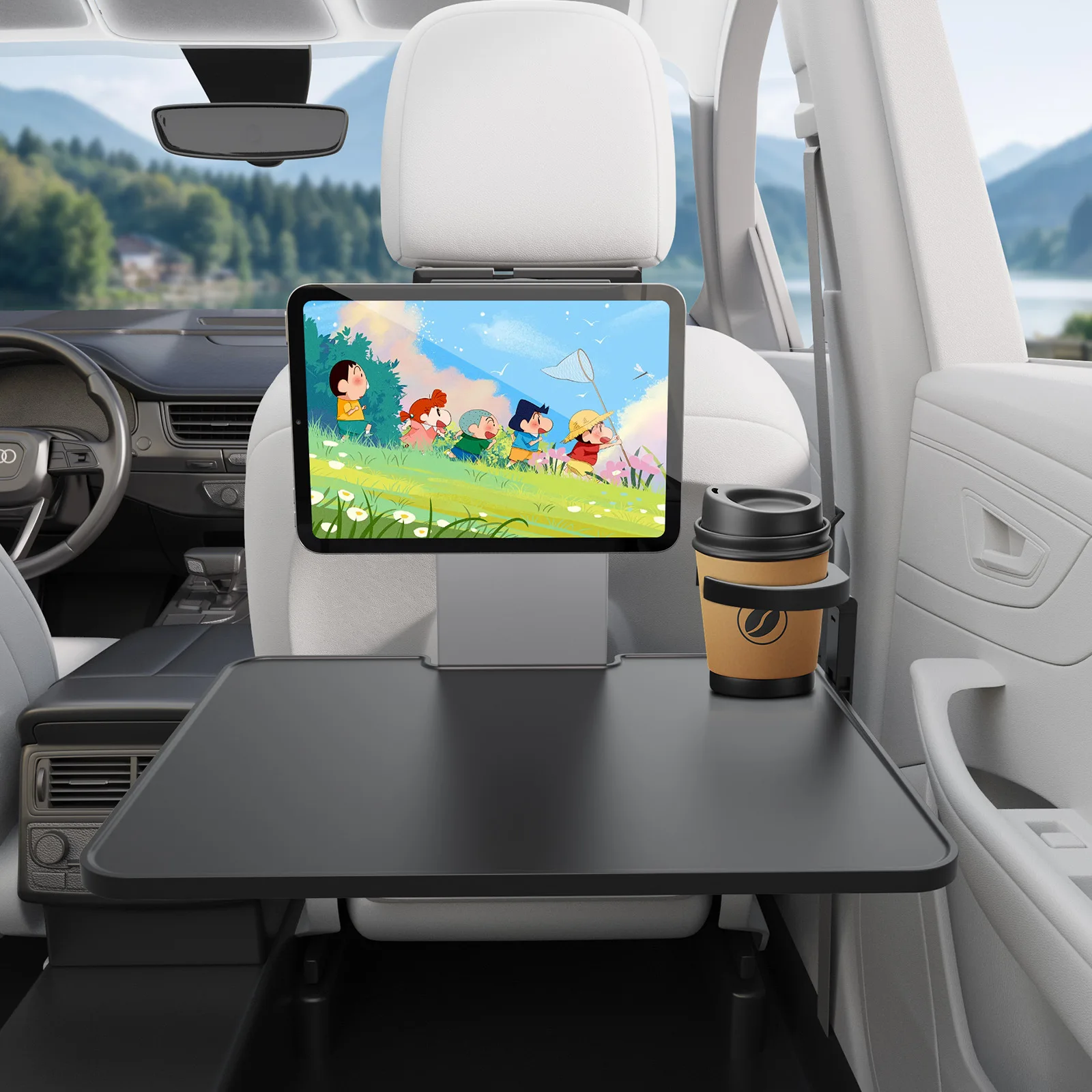 Universal foldable car table board, equipped with cup holder and mobile phone holder, can be used for office and dining