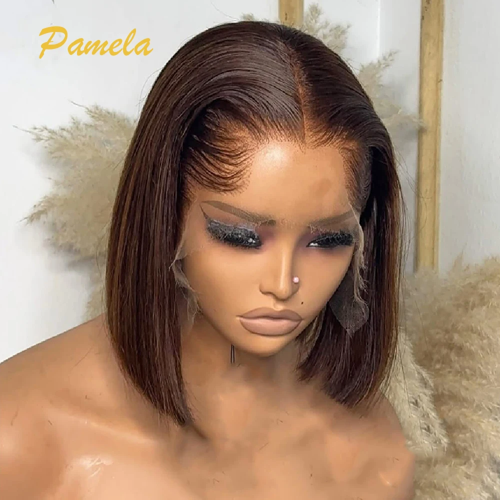 

Lagos Hairline Brown Color Straight Bob Wig Human Hair Wig 13x6 Transparent Lace Frontal Wig Preplucked Short Bob Women Wigs