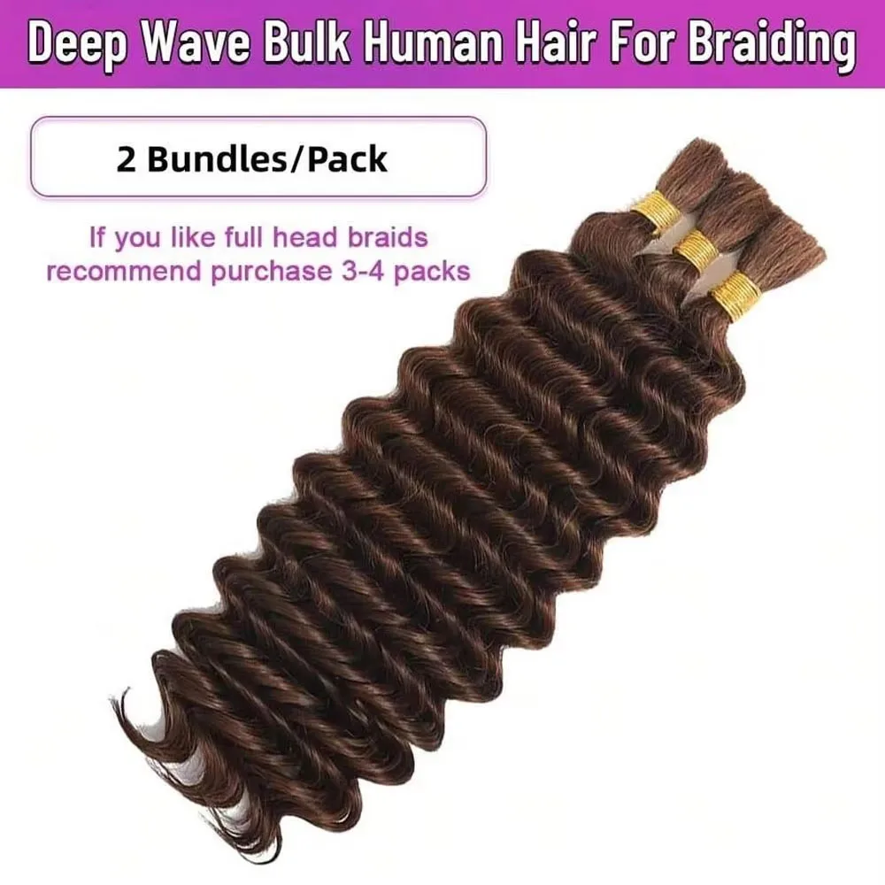 110g 2 Bundles/Pack Brown 4# Human Braiding Hair For Boho Braids Human Curly Boho Hair For Braiding Knotless 12A Deep Wave Bulk Bohemian