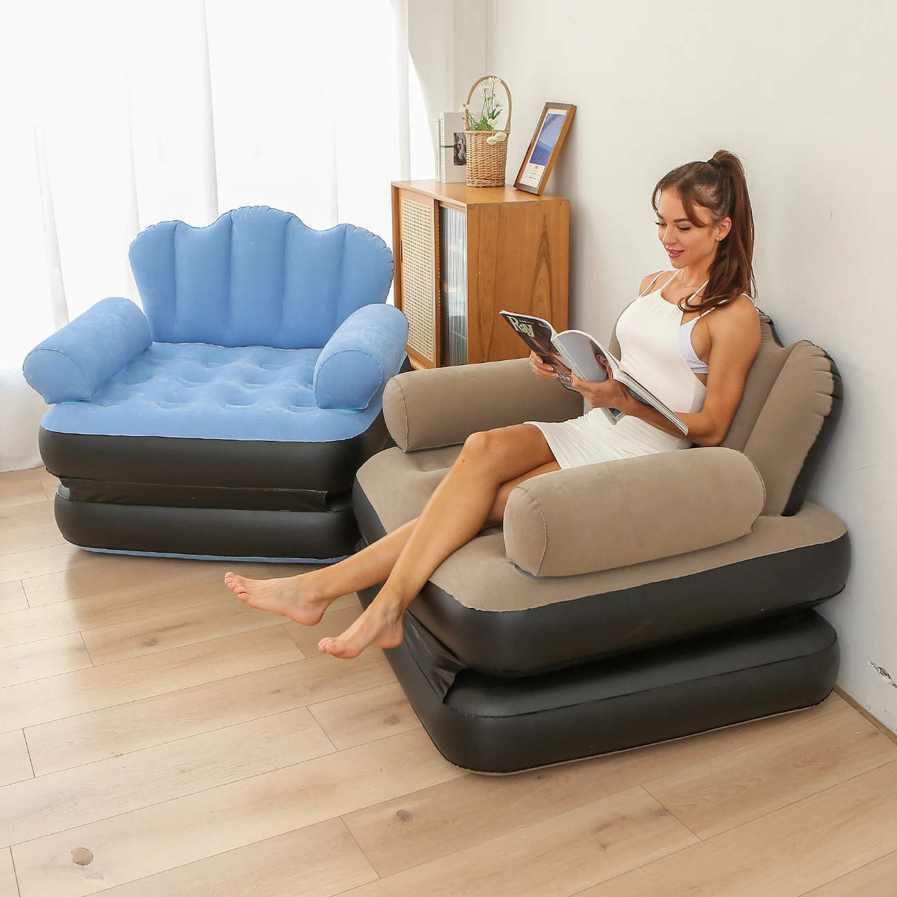 1PC Light Blue & Coffee Inflatable 5-in-1 Sofa – Soft and Comfortable for Home, Garden, and Outdoor Use image 2
