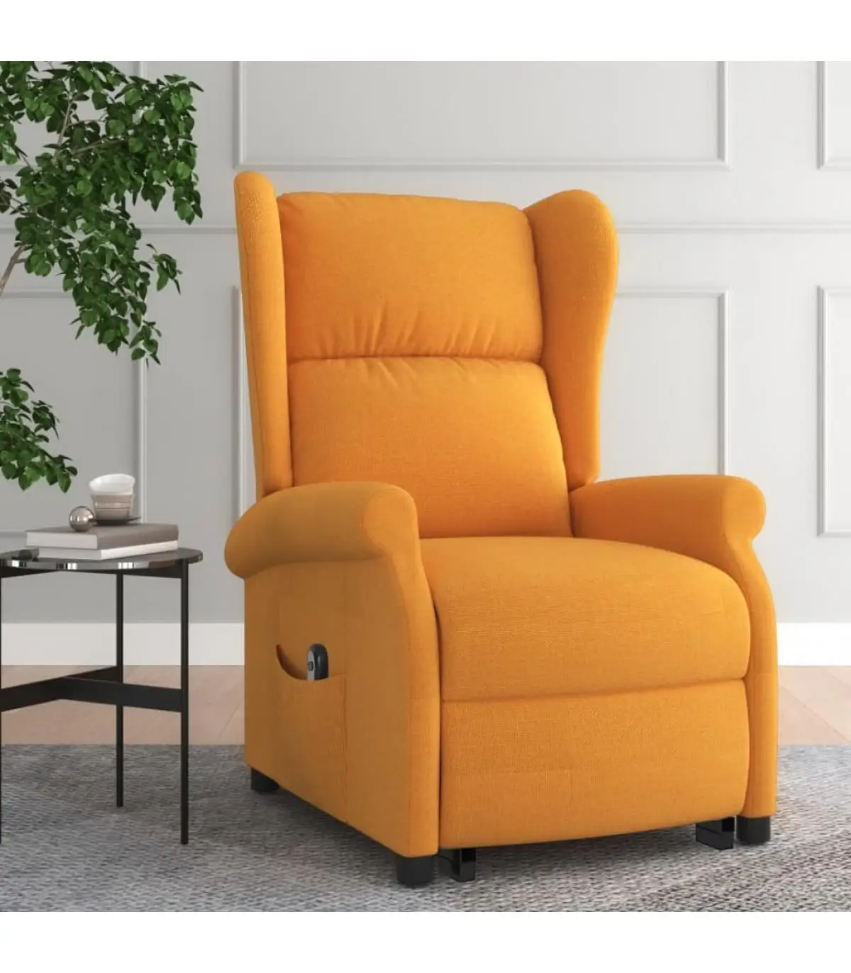 Light yellow fabric recliner reclining and lifting armchair