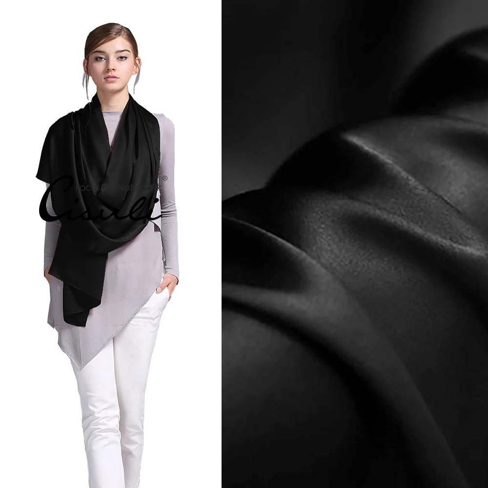 CISULI 100% Mulberry Silk Satin Scarf Pure Silk Women Long Shawl 55X180cm Solid Color Black Color