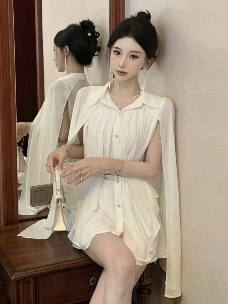 Ele White ort awl Coat Pleated Chiffon irt Design Waist-Cinching Belt Included French Sle Loose Fit Spring irt