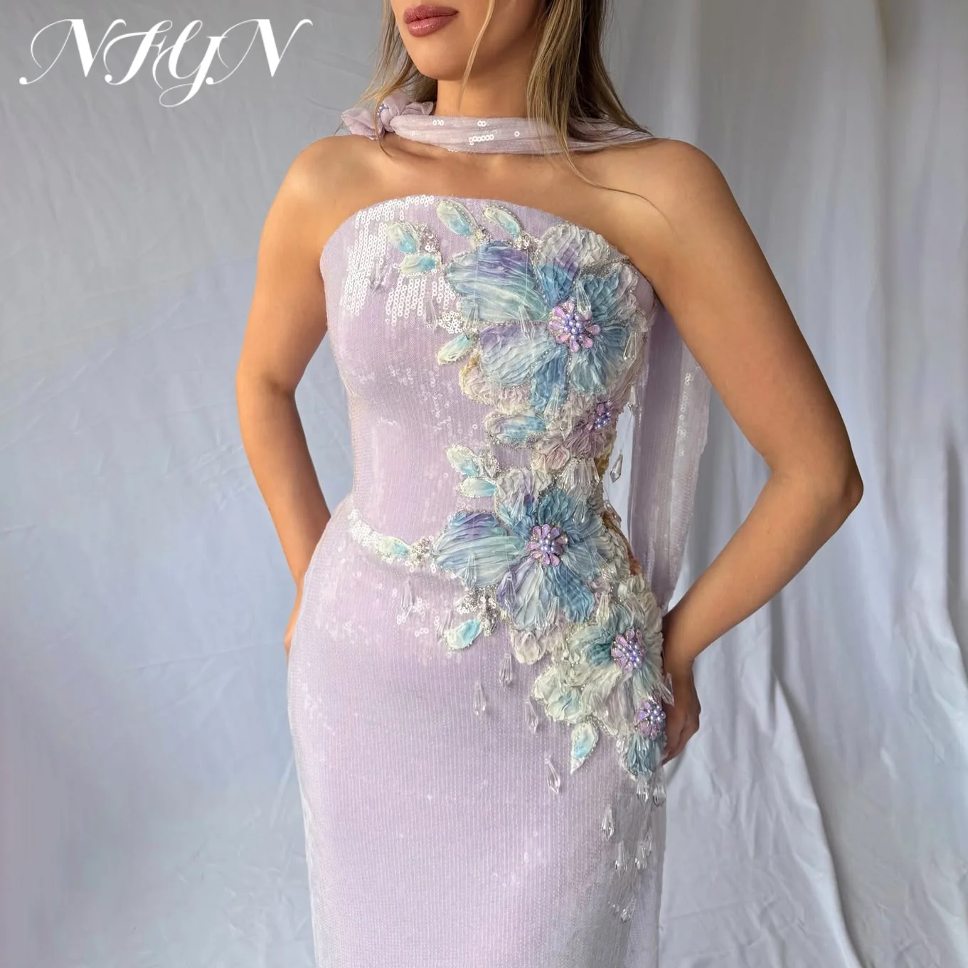 NFYN Lavender Strapless Mermaid Prom Dress 3D Floral Applique Sequin Evening Gown With Neck Sash Elegant Party Dress Customized
