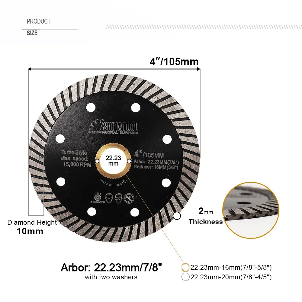 SHDIATOOL 5pcs 105MM Diamond Hot Pressed Narrow Turbo Blade 10mm Segment Height circular saw blade for Granite Marble Concrete