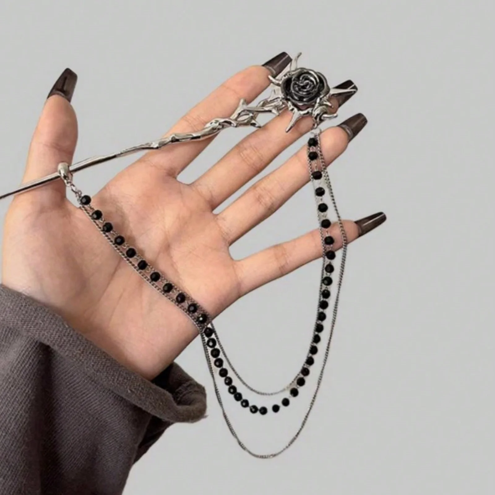 1PC Gothic Punk Thorn Rose Tassel Beaded Chain Hair Accessory & Hair Clip (For Women), Zinc Alloy image 5