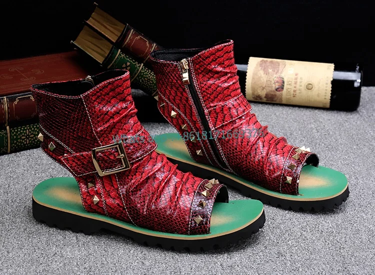 Summer New Print Zip Rivet Decor Leather Slingback Sandals Gladiator Roman Beach Casual Open-toed Men's Shoes High Top Buckle