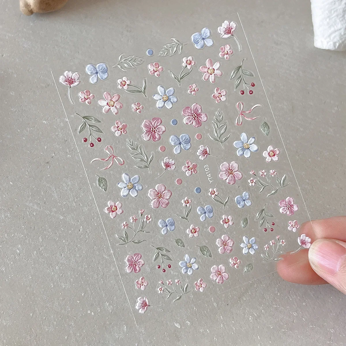 Colorful variety of small fresh flowers nail stickers,  three-dimensional relief flowers, with adhesive nail decoration stickers