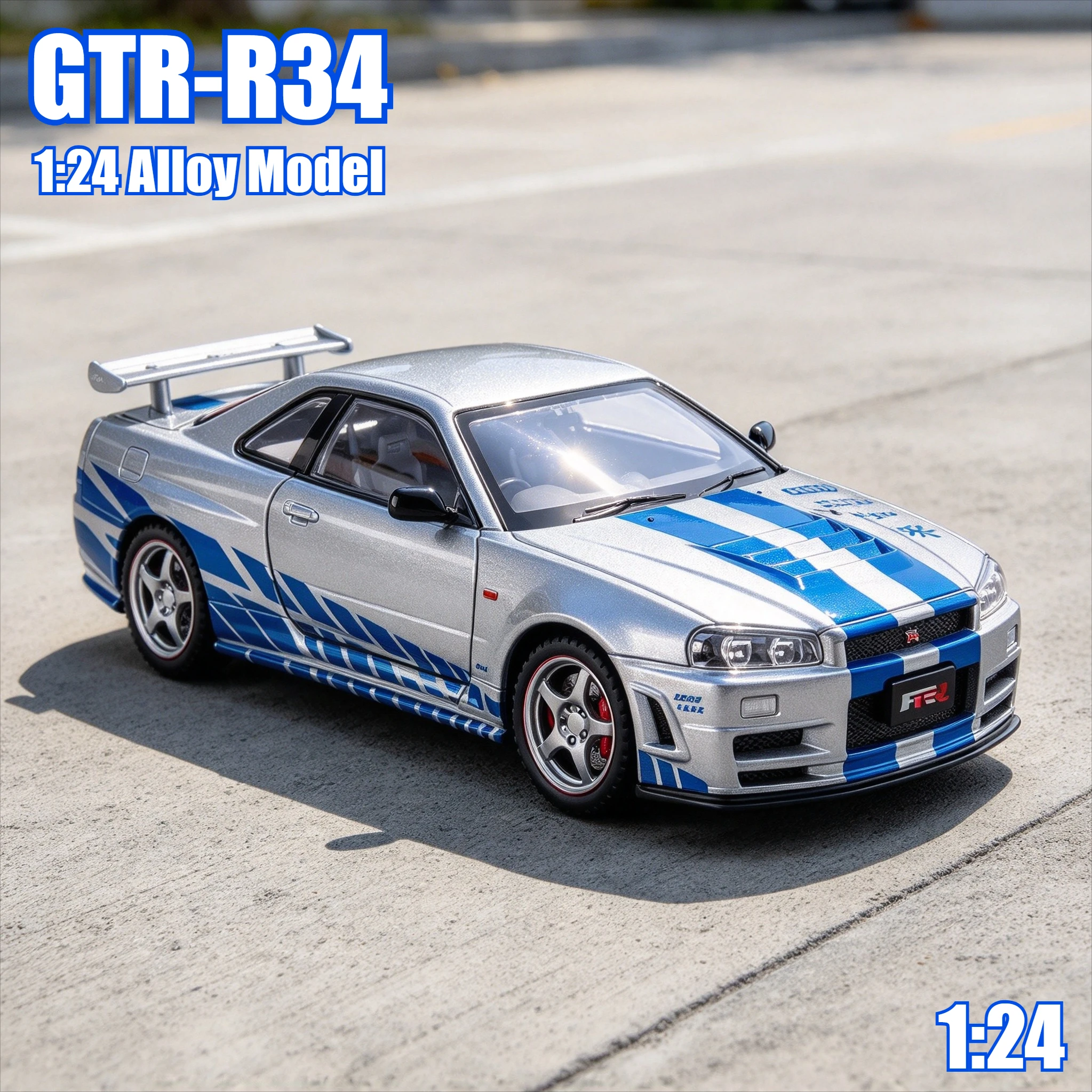 1:24 GTR-R34 Simulation Alloy Car Model Sound and Light Effect Pullback Desktop Ornament Toy Gift