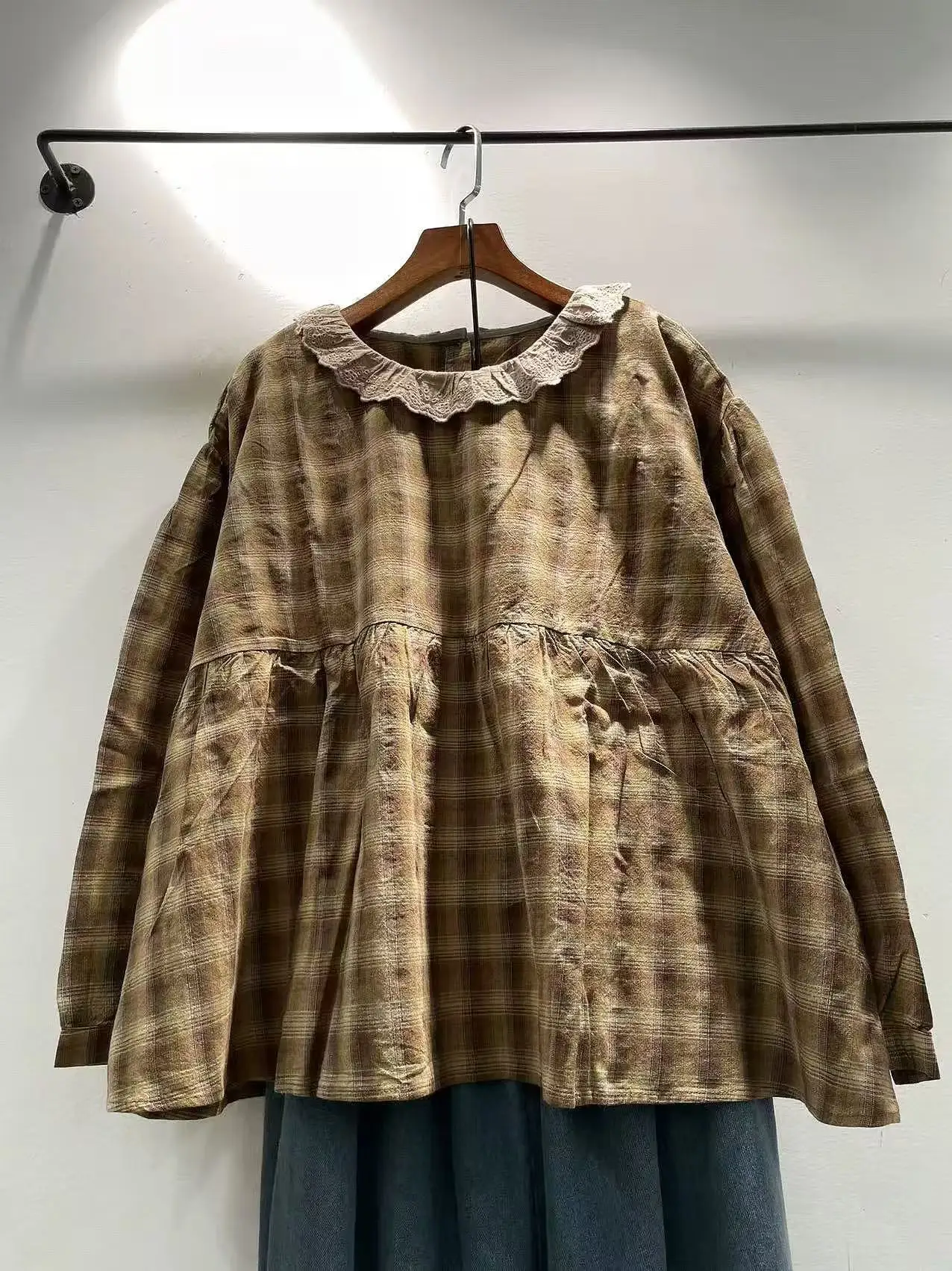 Bust 118cm Mori Girl Autumn Lace Collar Plaid Shirts and Blouses for Women Pullover Vintage Checkered Long Sleeve Tops