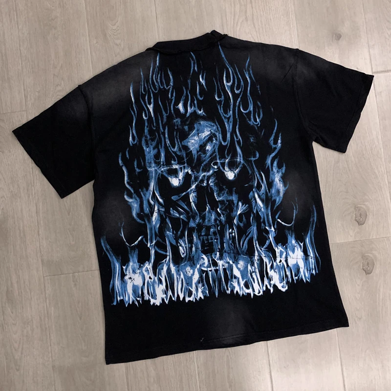 

Men's Women's Streetwear FIRST ROW T-Shirts Blue Flame Print High Quality Black Hot Drill Wash Old Short Sleeve