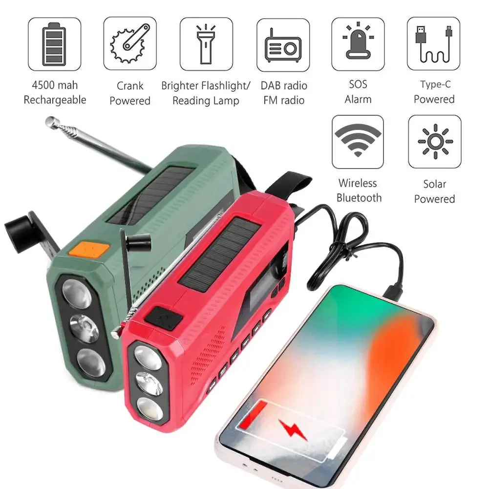 DAB/NOAA FM/AM/WB Bluetooth Emergency Radio Portable Solar Hand Crank Radio USB Charging Power Bank Radio LED Flashlight SOS