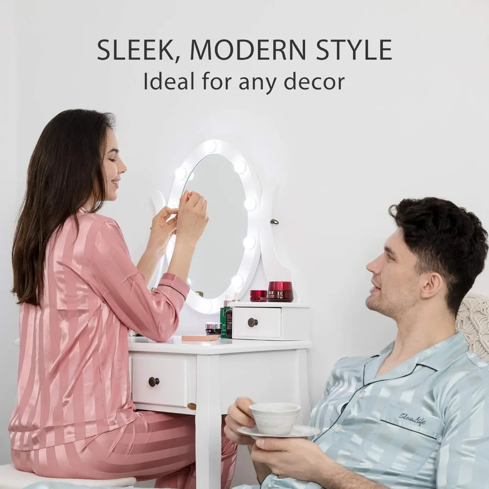 VIVOHOME Makeup Vanity Set with 10 Dimmable LED Bulbs, Dressing Table with 360° Rotating Lighted Mirror and Cushioned Stool