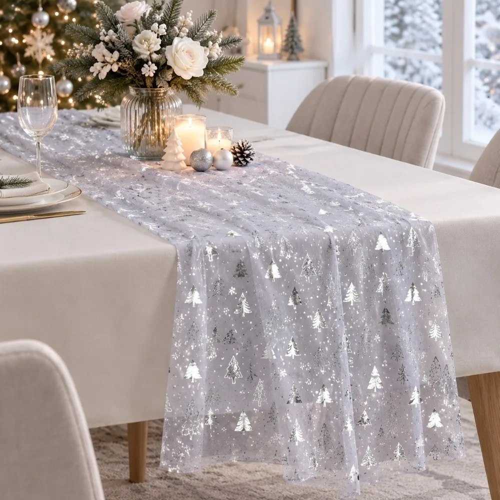 Christmas Tree Pattern Tulle Table Runner Glitter Bronzing Christmas Tulle Fabric Translucent Rustic Sheer Gauze Table Runner