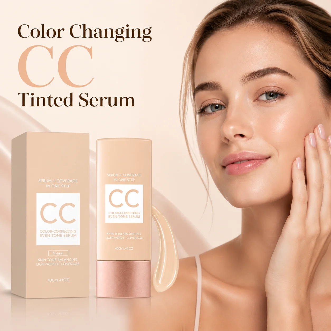 Color Changing CC Cream Self Adapt Skin Tone Cover Facial Blemish Refine Pores Matte Natural Finish Lightweight CC Tinted Serum