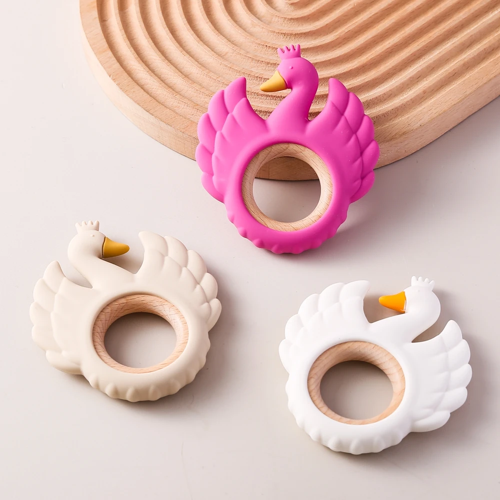 1pc Baby Silicone Teether Baby Swan Teething Toys Wooden Teething Ring Sensory Toys for Toddlers Silicone Cartoon Soothing Toys