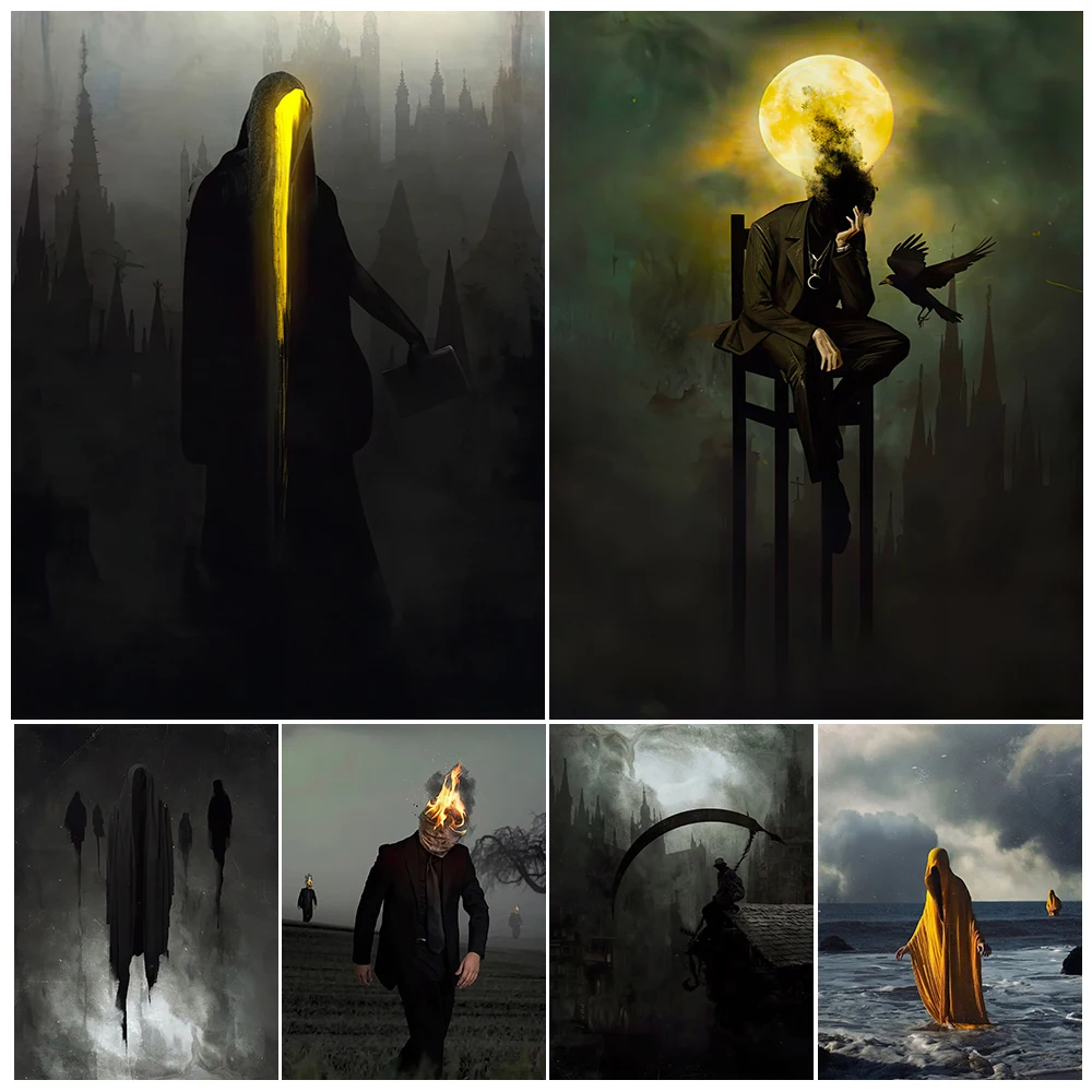 Shadow Demons Hidden In The Dark Vintage Wall Art Canvas Painting Wicca Wizard And Crow Art Poster And Print Home Decor Unframed