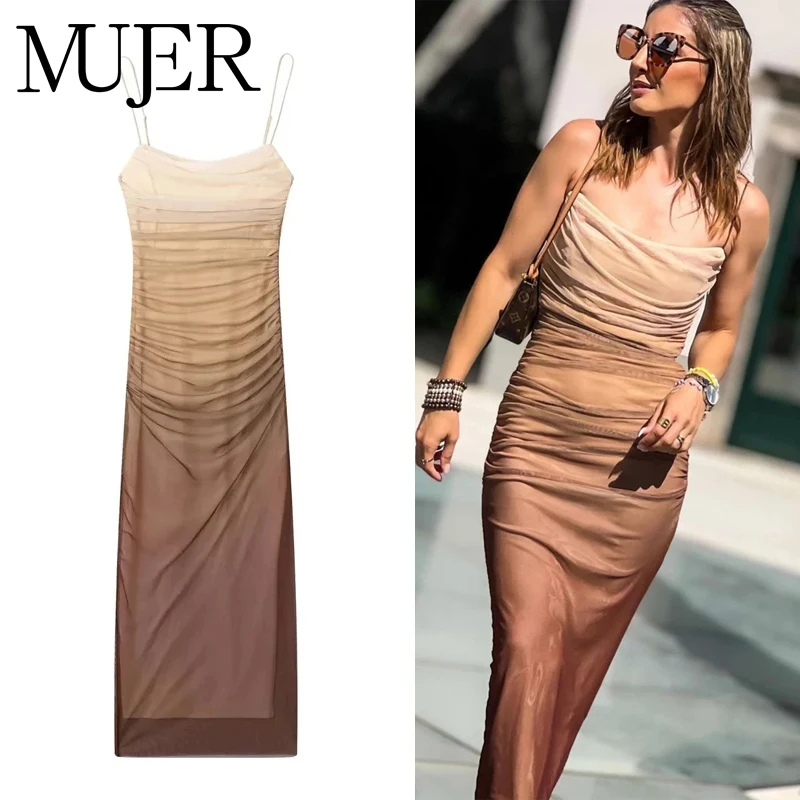 MUJER Damska Sukienka Kopertowa z Siateczki Tiulowa Plisowana Sukienka z Nadrukiem dla Kobiet 2025 Midi Casual Letnia Damska Sukienka Bodycon Slip Gorsetowa