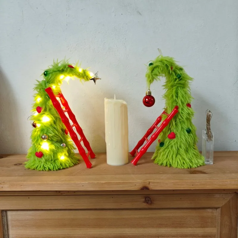 Árbol de Navidad flexible con adorno de escritorio esponjoso y ligero, árbol de Navidad con escalera, decoración festiva para el hogar con temática de Grinch