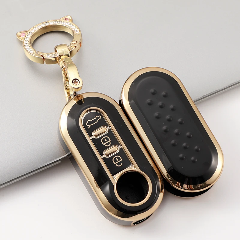 Für Fiat 500 TPU Gold Rand 3 Tasten Auto Flip Folding Key Fall Abdeckung Remote Key Shell Halter Protecor Keychain zubehör