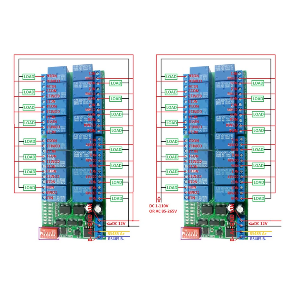 

Реле Modbus, 12 В постоянного тока, 16-канальный модуль MODBUS RTU RS485, плата релейного модуля, контроллер ПЛК, переключатель последовательного порта
