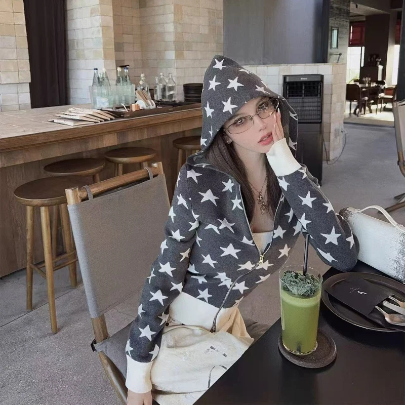 

American Star Jacquard Hooded Knitted Cardigan Women Autumn Ins Fashion Casual Slim Fit Zipper Outerwear Short Sweater Jacket