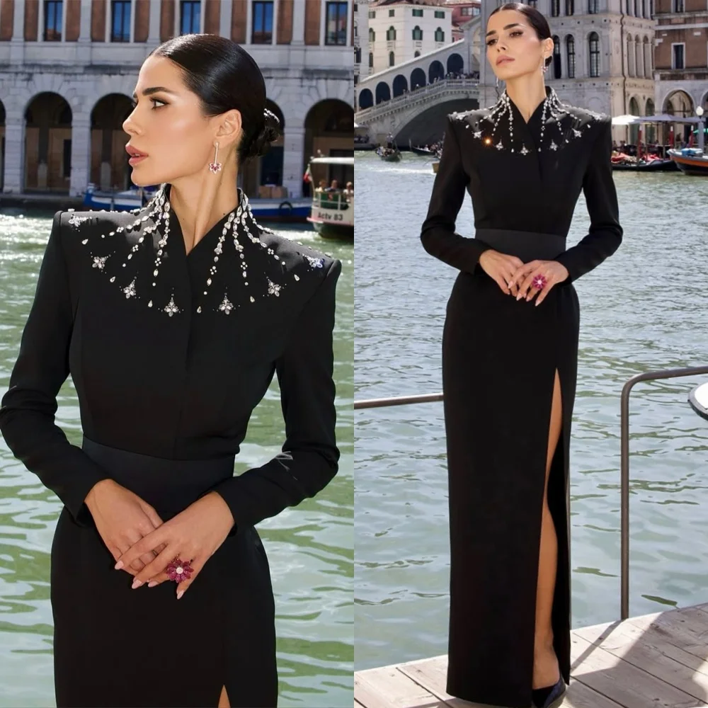 

Customized Simple Black Jersey Evening Dresses Classic High Collar Long Sleeves Homecoming Dresses Soft Special Occasion Gowns