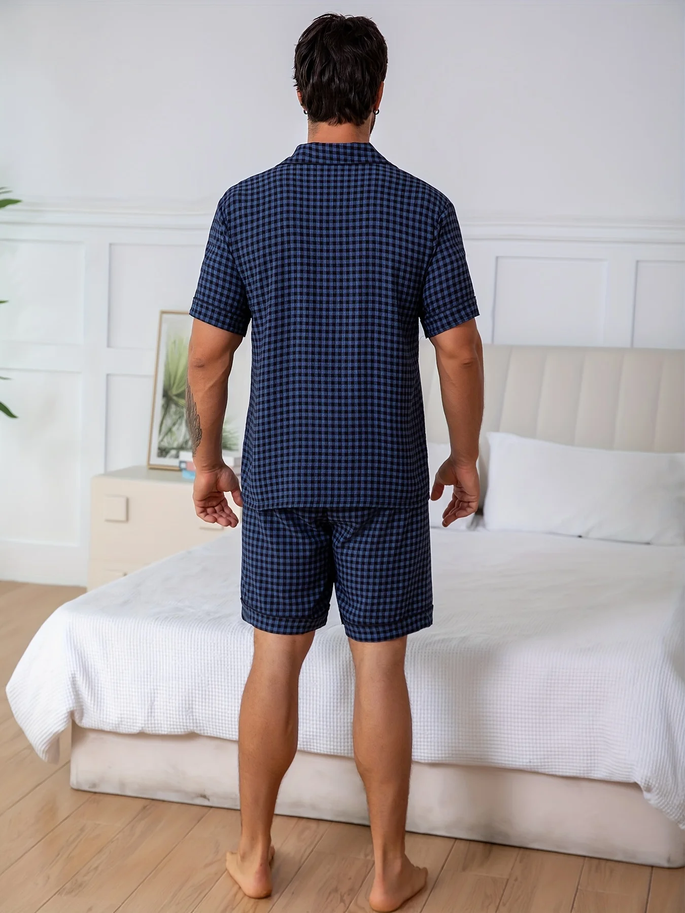 Men's Plaid Crinkle Pajama Set, Button-Down Shirt & Elastic Waist Shorts, Comfortable Casual Loungewear Men Homewear 2 Piece Set