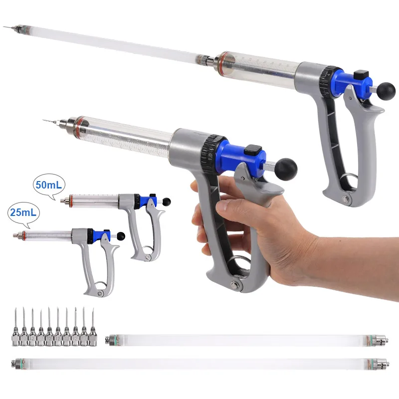 25ml/50ml Semi-Automatic Veterinary Continuous Syringe with Extension Tube Adjustable Injection Vaccine Syringe for Cattle Sheep
