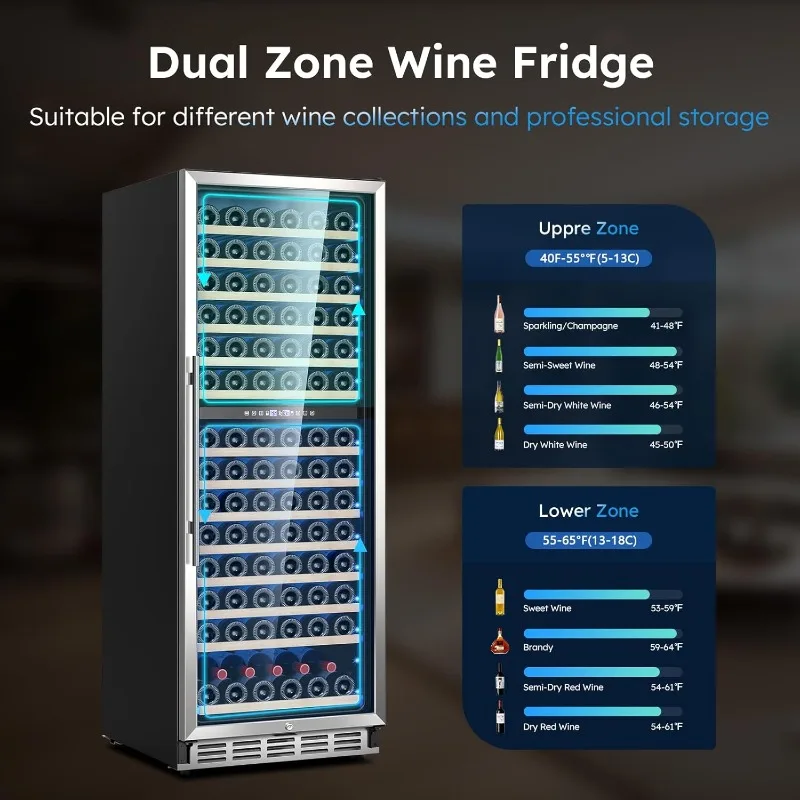 Dual zone wine refrigerator with independent built-in wine cooler and precision thermostat