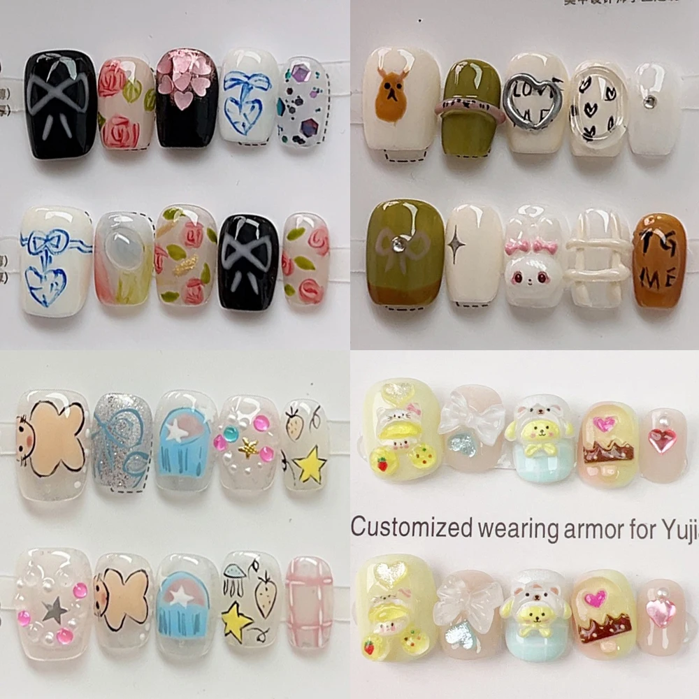 

10Pcs Handmade Kawaii Cartoon Short Square Press On Nails Hand-Painted Graffiti Gradation Wearable Decorative Artificial Nails