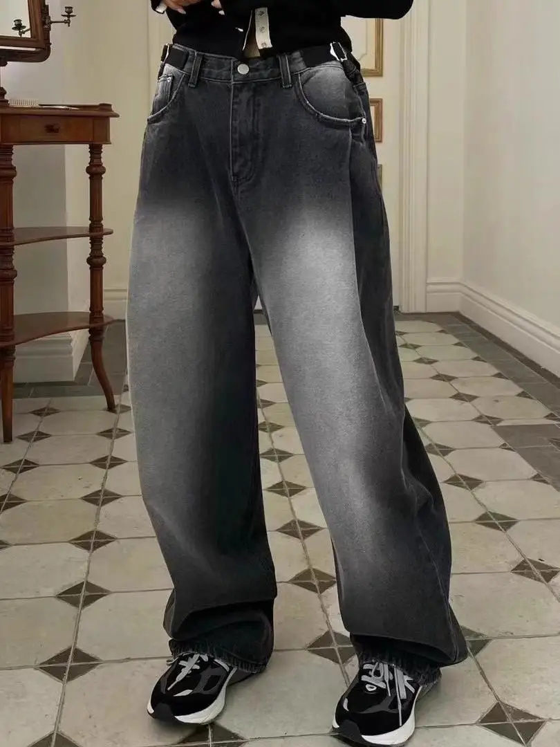 Women's Vintage Straight Leg Jeans Waist Cinching Frayed Hem Side Bule Long Trousers Versatile Slimming Trendy Denim Jeans