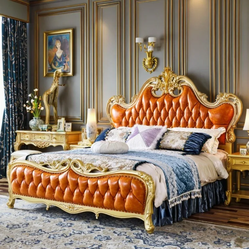 European Style Solid Wood Luxury Leather King Size Bed for Villa Master Bedroom Royal Bedroom Furniture Home Furniture Wedding