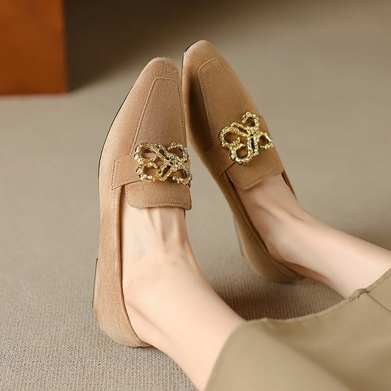 Women's new spring and autumn square toe genuine leather sheep suede metal accessories low heel casual single shoes