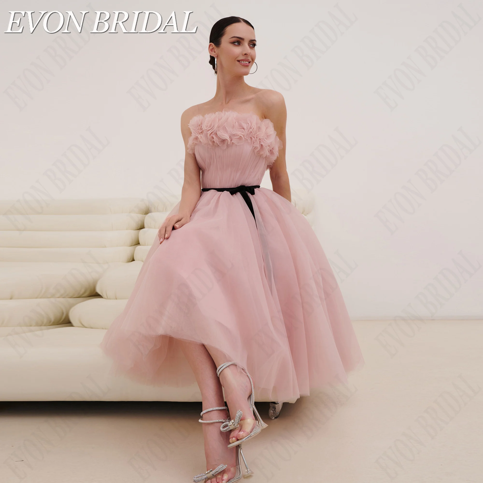 EVON BRIDAL Strapless Customized Prom Party Dress Fairy Tea Length A Line Women Evening Gowns Tulle Backless Sukienka Wieczorowa