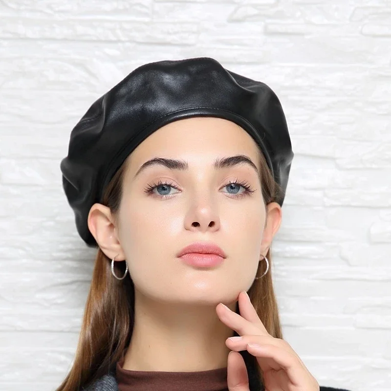 New 2024 Fashion Real Leather Beret Caps Women Female Retro Black 54-60 cm Fitted Painter Hat Mujer Streetwear Beanie