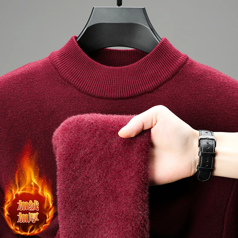 سترة رجالية شبه عالية الرقبة مع مخمل سميك للدفء، سترة شتوية من قطعة واحدة مخملية بلون سادة وأكمام طويلة