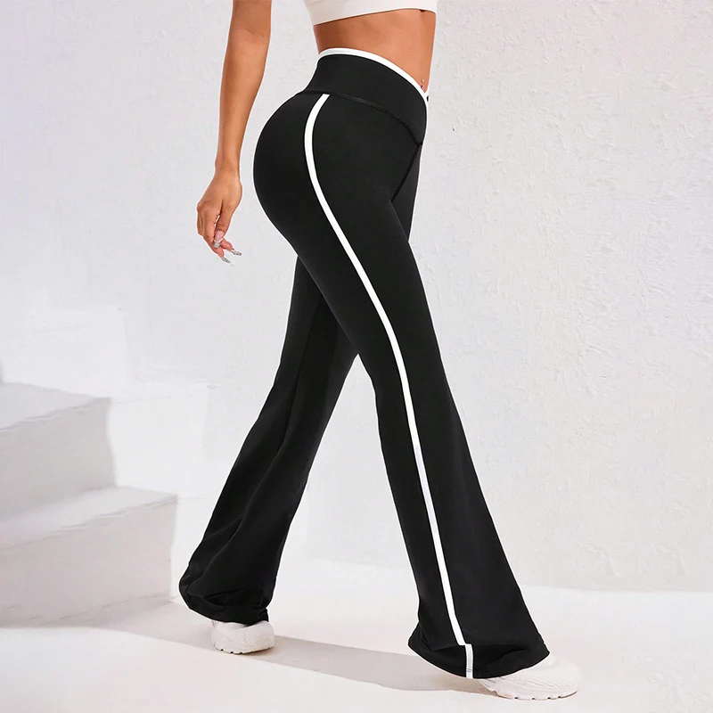 Striped Patchwork Cross Waist Yoga Leggings Women High Stretch Bodycon Flared Pants Woman Gym Fitness Workout Joggers Trousers