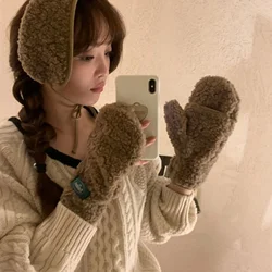 Warm Korean Lamb Wool Earmuffs Gloves Set Warm Cute in Winter Daily Matching Single Item Lamb Wool Gloves