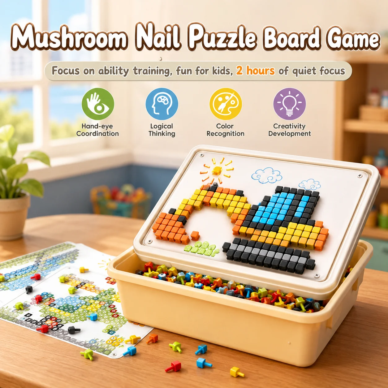 

Mushroom Nail Puzzle Board Game Toy Montessori Concentration Training Motor Skills Development Intelligent Game Gift for Kids
